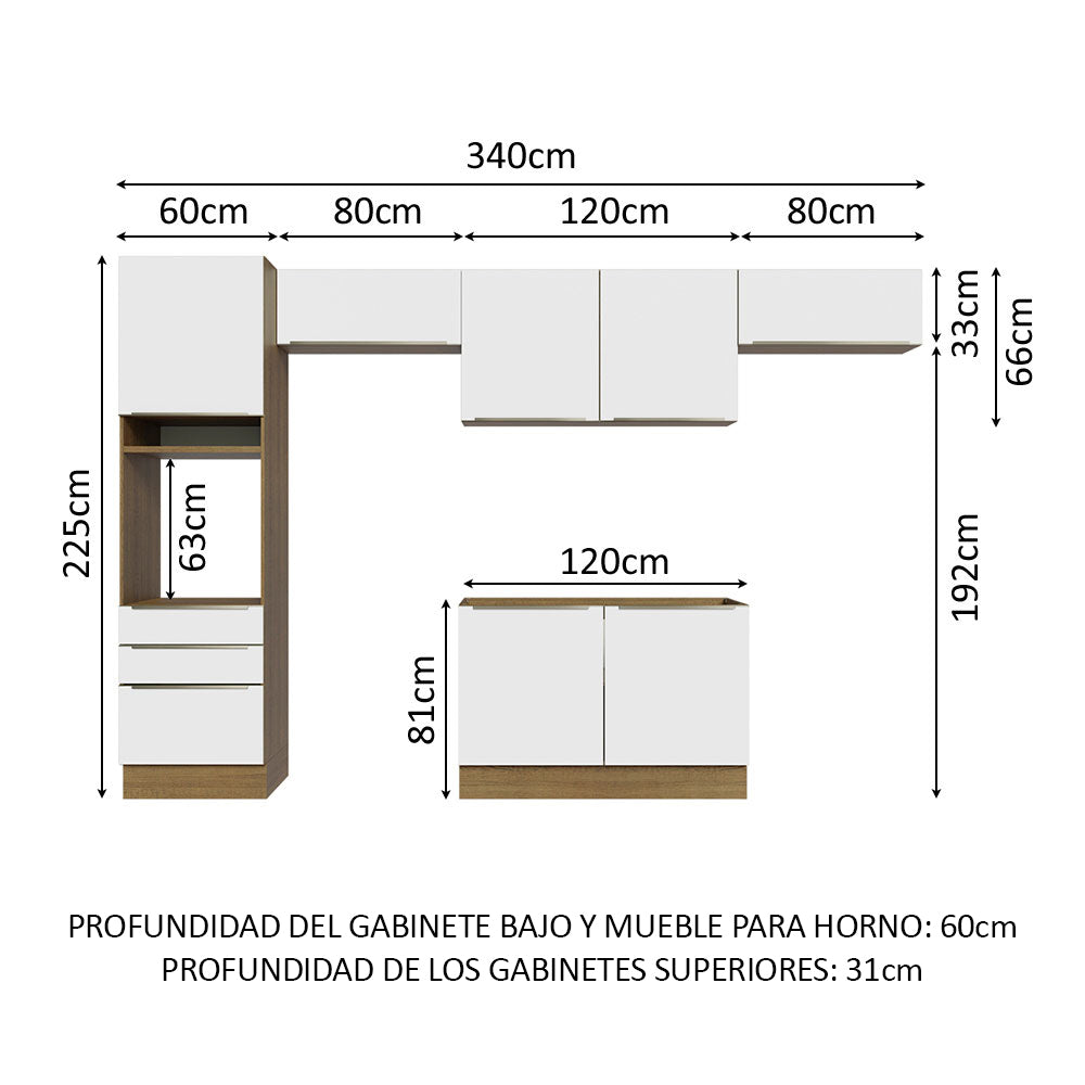 Combo Completo de Cocina 340 x 60 cm Marrón/Blanco Aterciopelado Lux Madesa 01