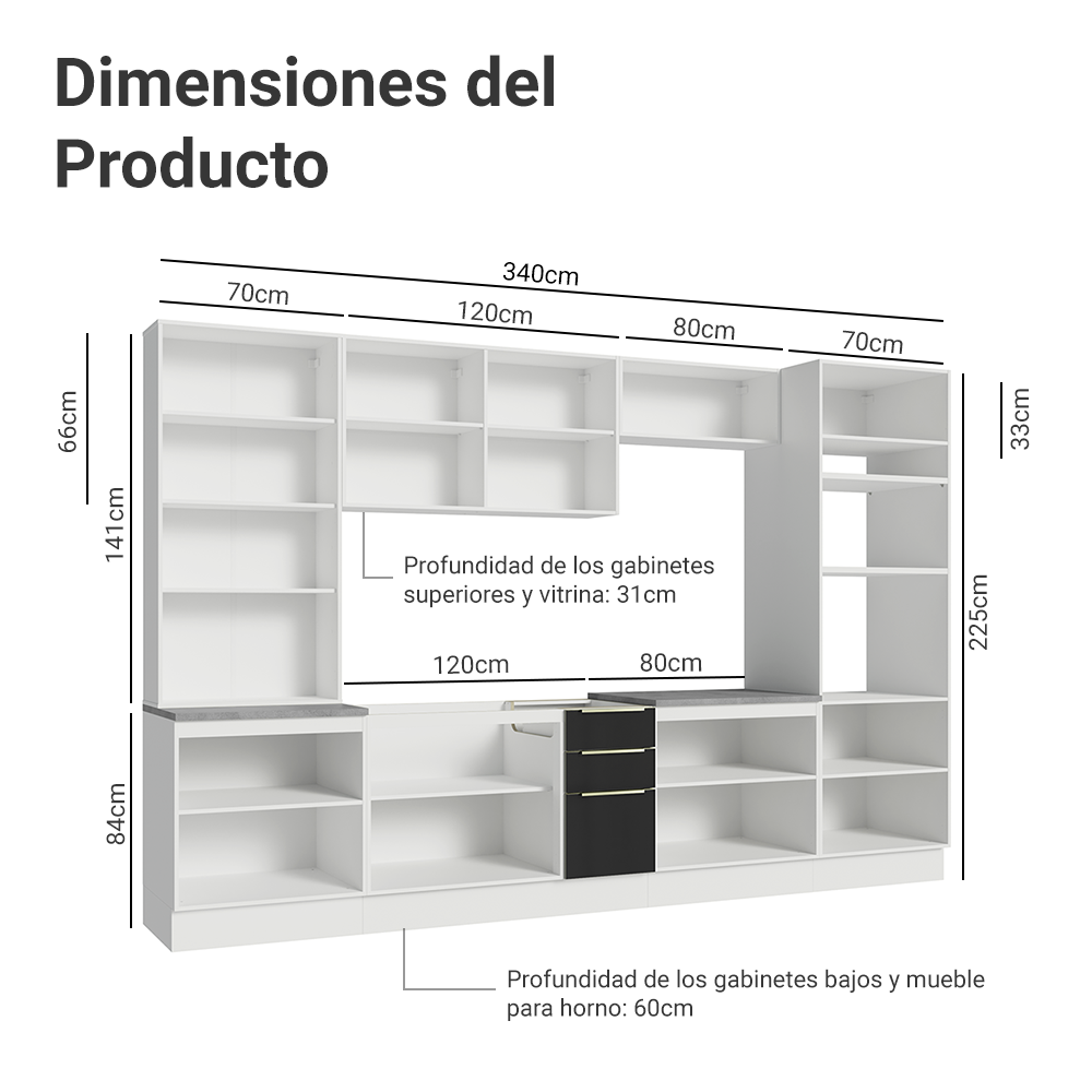 Combo completo de Cocina 340 cm con Cristalero 14 Puertas 3 Cajones Sin Mesada Blanco/Negro Lux Madesa