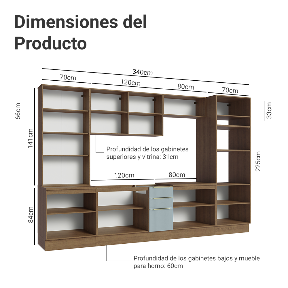 Combo completo de Cocina 340 cm con Cristalero 14 Puertas 3 Cajones Sin Mesada Marrón/Gris Lux Madesa