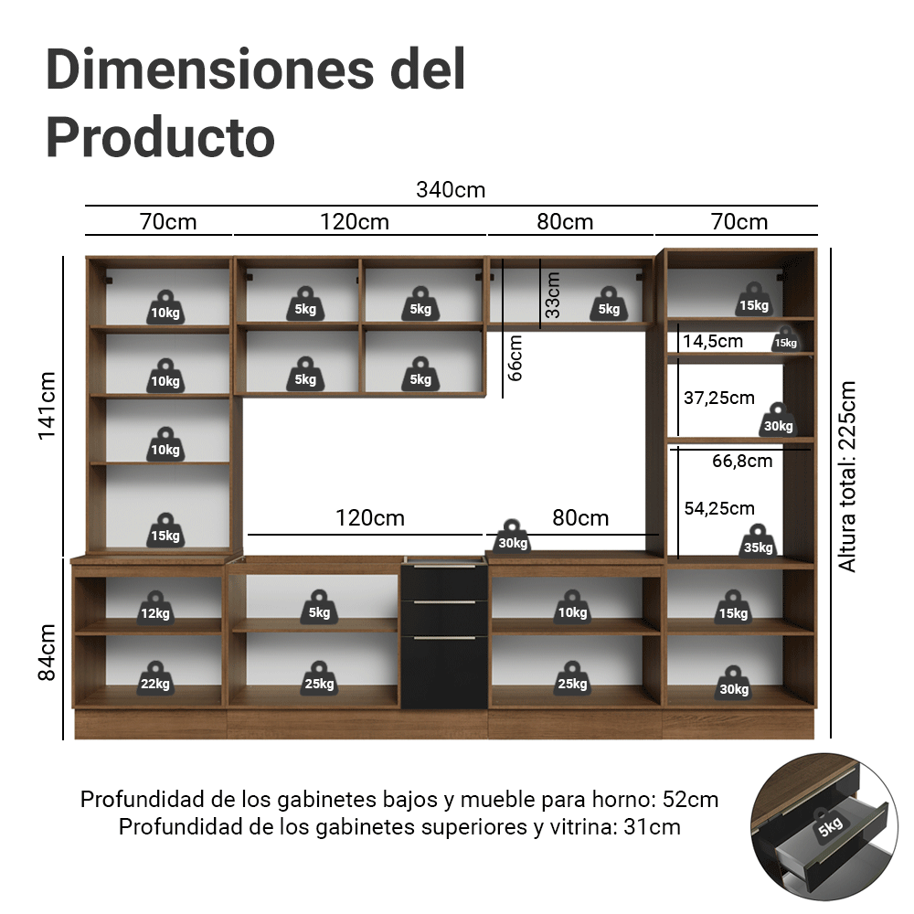 Combo completo de Cocina 340 cm Marrón/Negro Lux Madesa 03