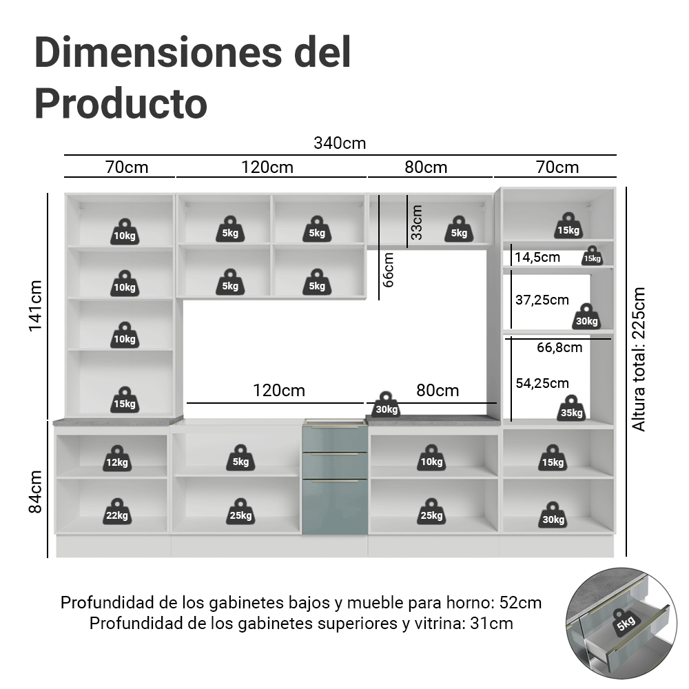 Combo completo de Cocina 340 cm Blanco/Gris Lux Madesa 03