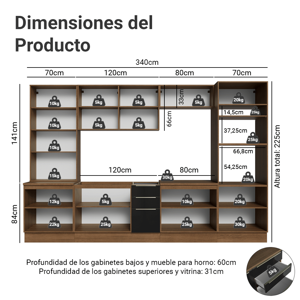 Combo completo de Cocina 340 x 60 cm Marrón/Negro Lux Madesa 04