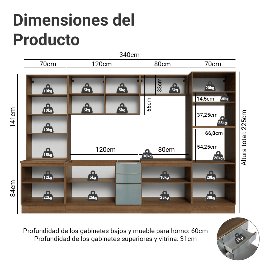 Combo completo de Cocina 340 x 60 cm Marrón/Gris Lux Madesa 04