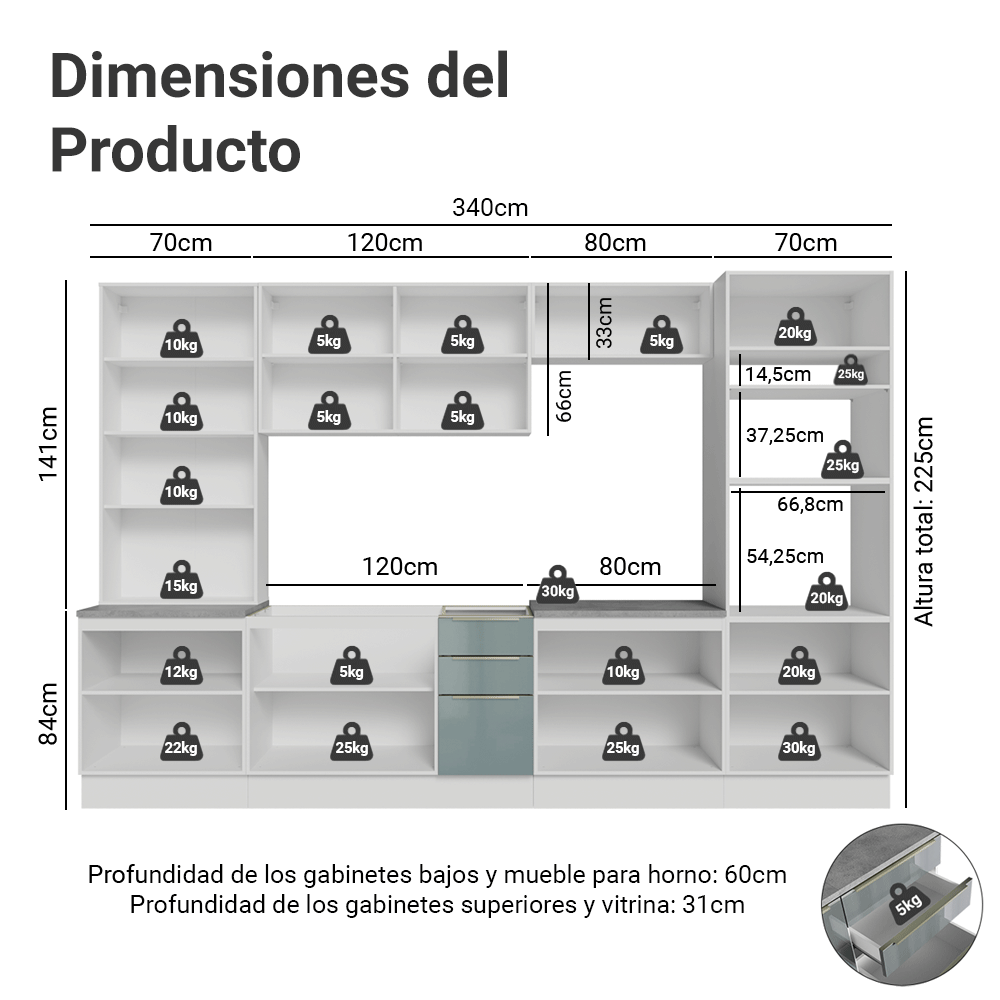 Combo completo de Cocina 340 x 60 cm Blanco/Gris Lux Madesa 04