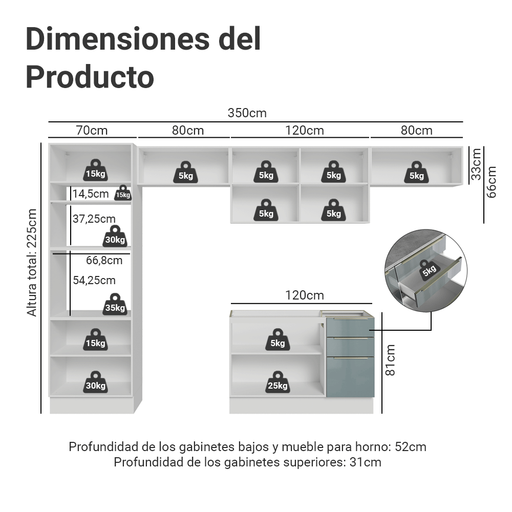 Combo completo de Cocina 350 cm Blanco/Gris Lux Madesa 01