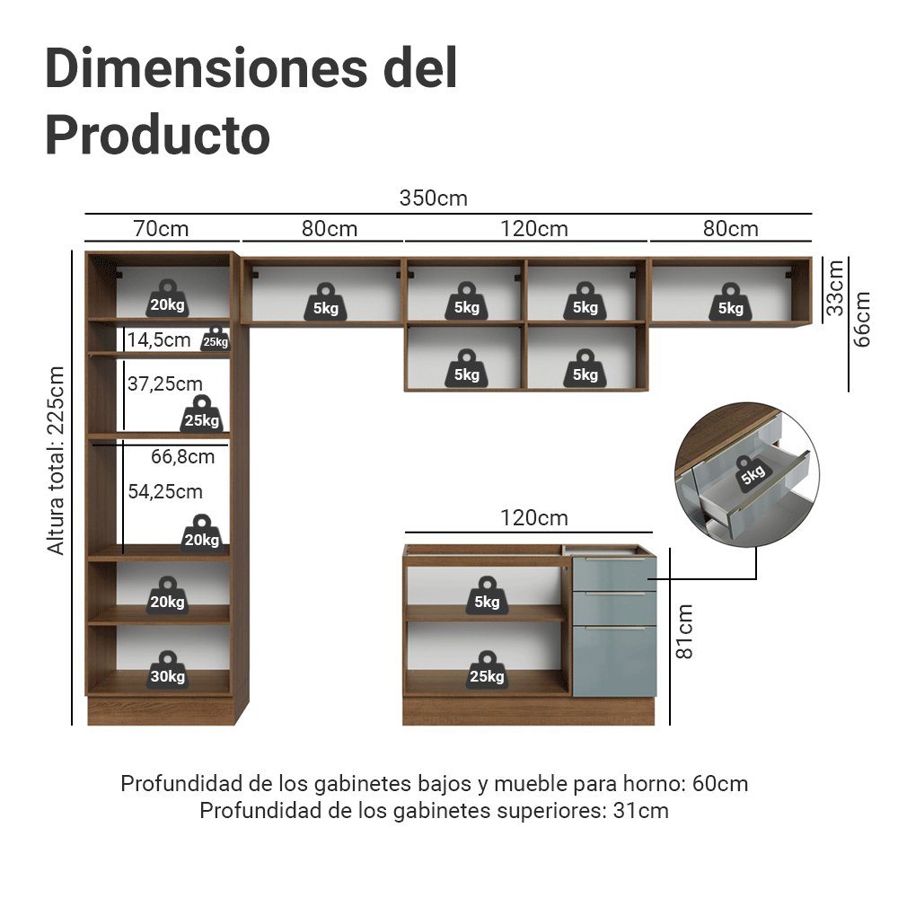 Combo completo de Cocina 350 x 60 cm Marrón/Gris Lux Madesa 02