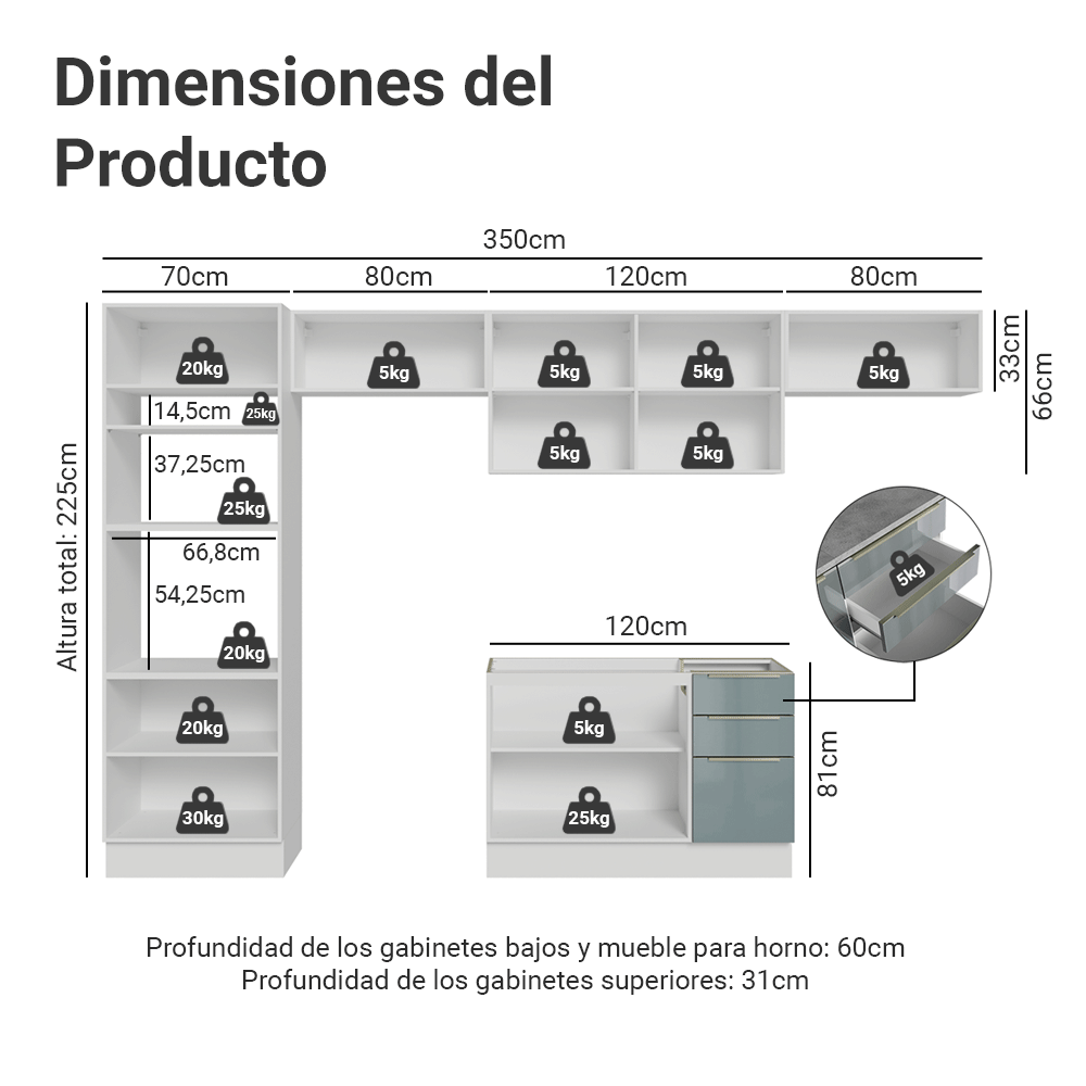 Combo completo de Cocina 350 x 60 cm Blanco/Gris Lux Madesa 02