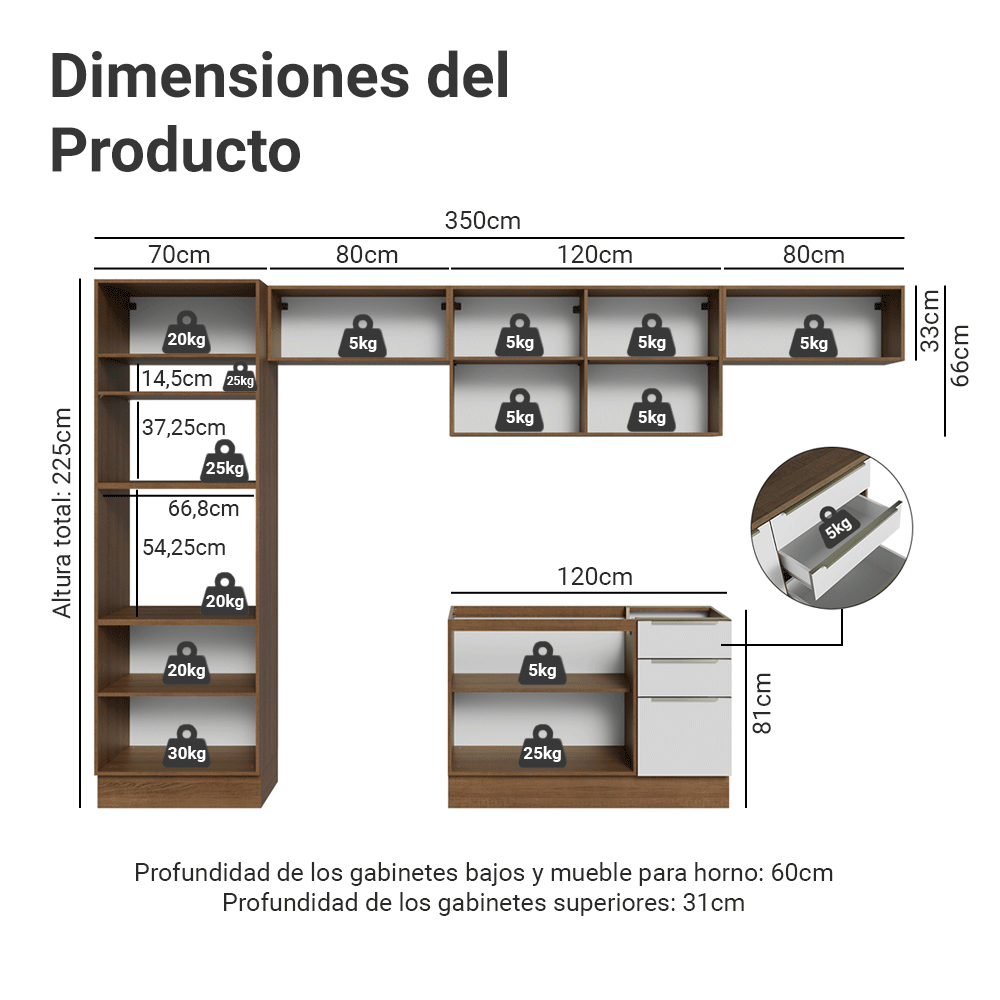 Combo completo de Cocina 350 x 60 cm Marrón/Blanco Aterciopelado Lux Madesa 02