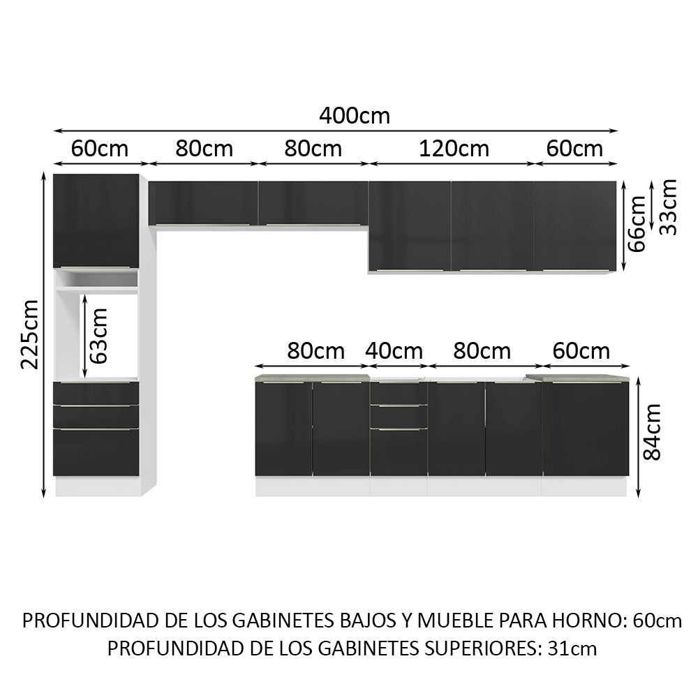Combo completo de Cocina 400cm Blanco/Negro Lux da Thauane Madesa