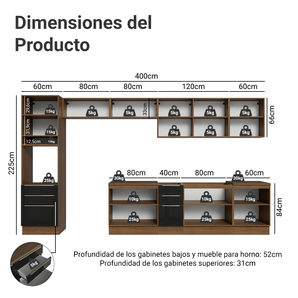 Combo completo de Cocina 400 cm Marrón/Negro Lux Madesa 05