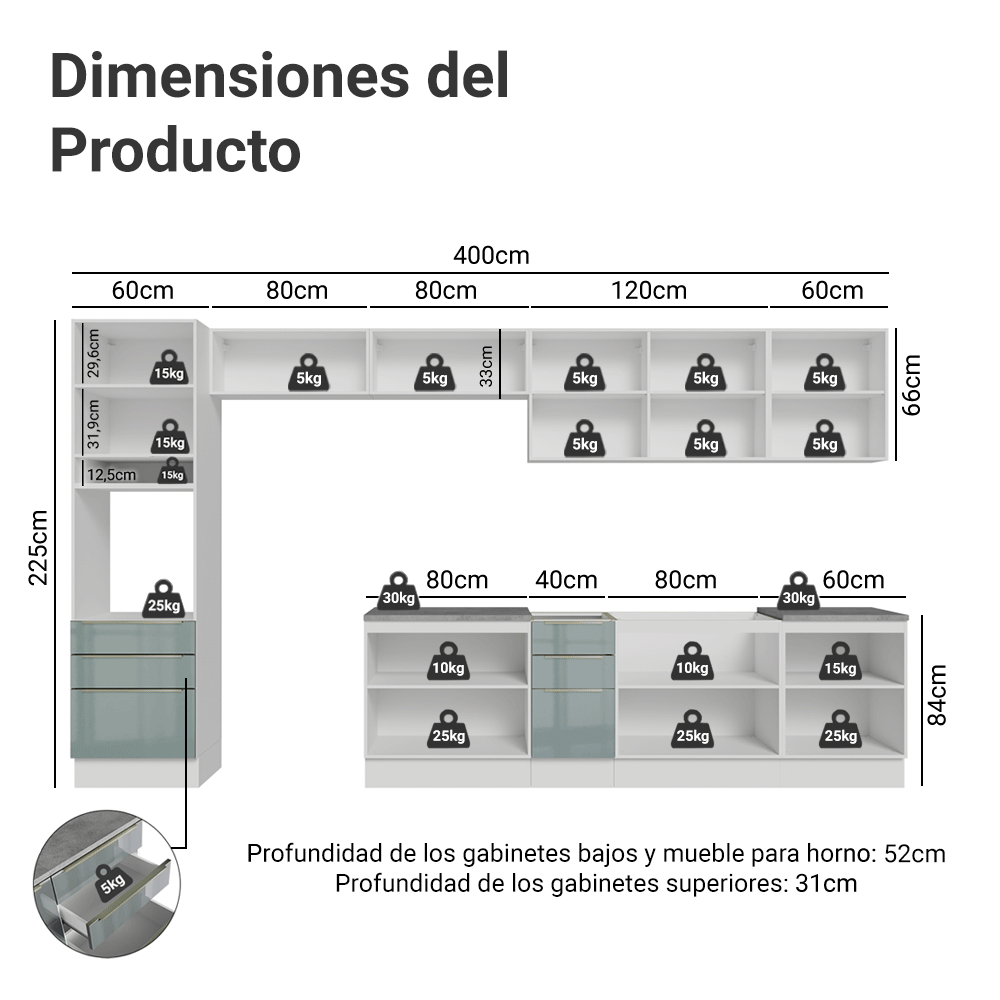 Combo completo de Cocina 400 cm Blanco/Gris Lux Madesa 02