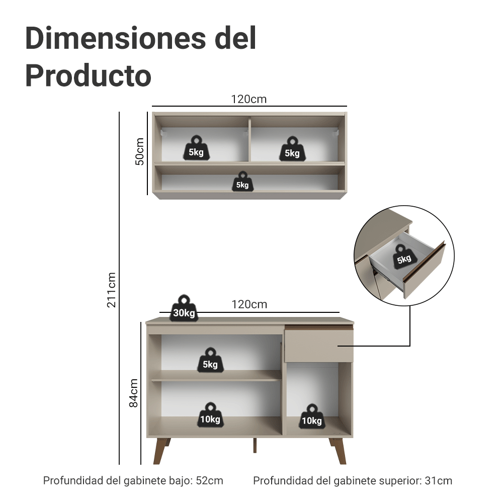 Cocina Compacta 120 cm Sin Patas Nice Crema 02
