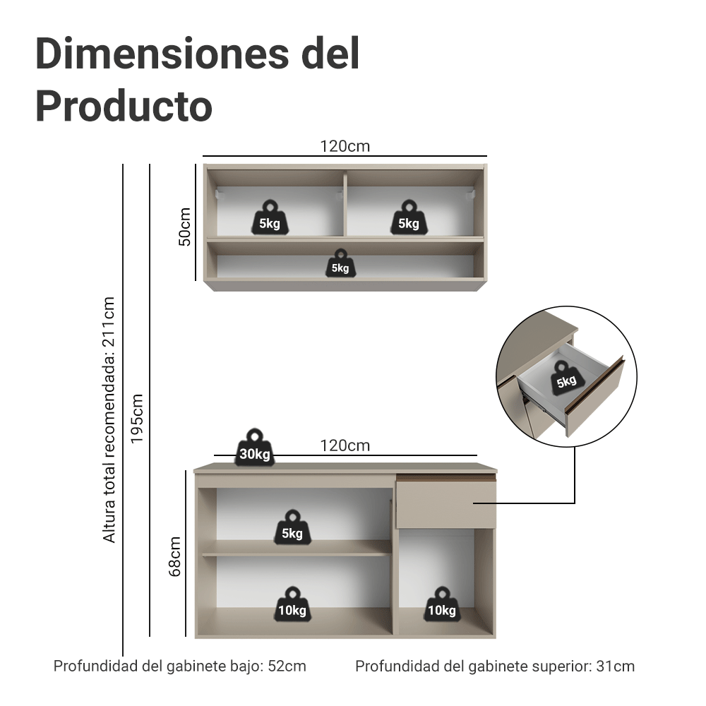 Cocina Compacta 120 cm Sin Patas Nice Crema 04