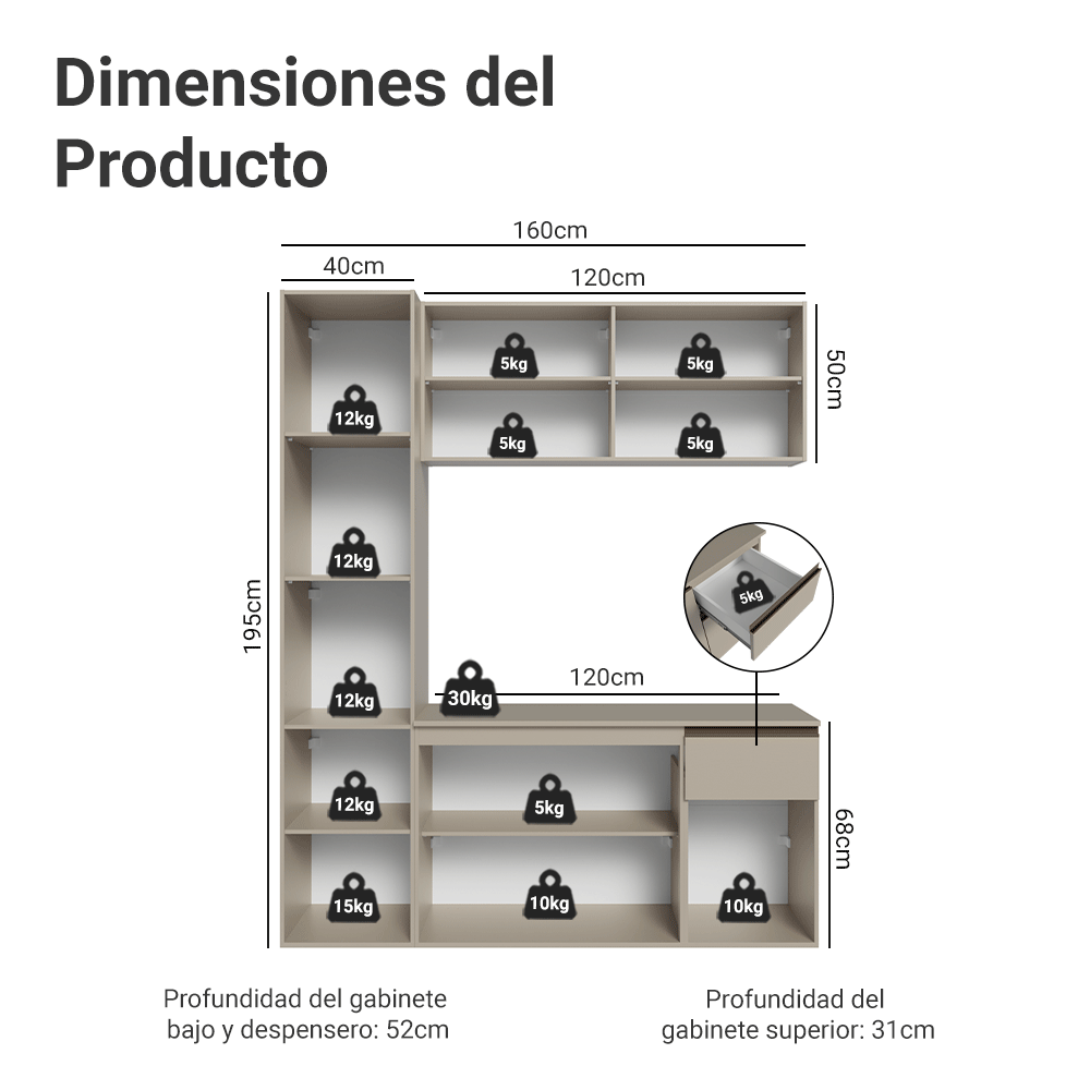 Cocina Compacta 160 cm Sin Patas Nice Crema 02