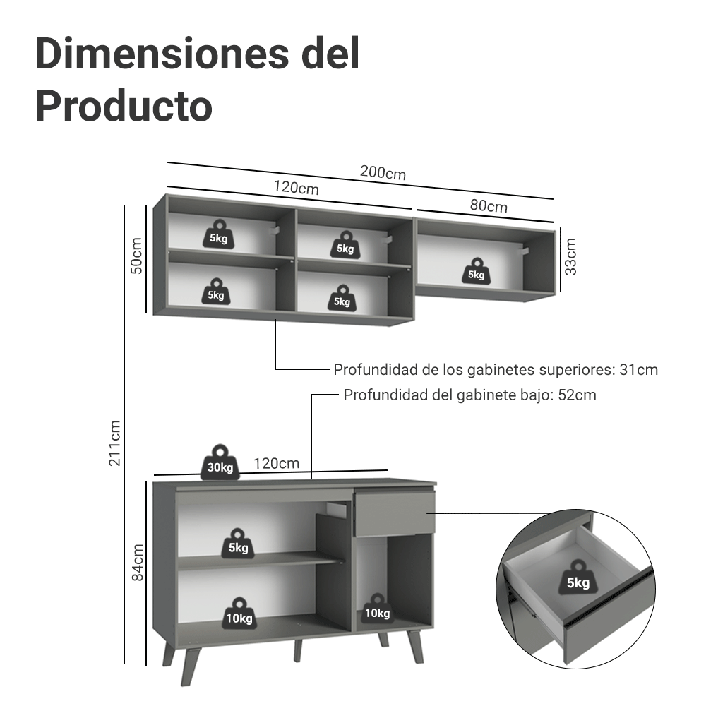 Combo de Cocina 200cm Gris Nice Madesa 03