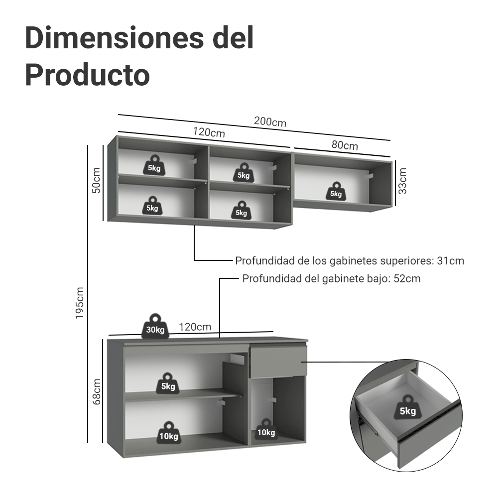 Combo completo de Cocina Flotante Nice 200 cm 5 Puertas (Con Mesada) Gris 04 Madesa