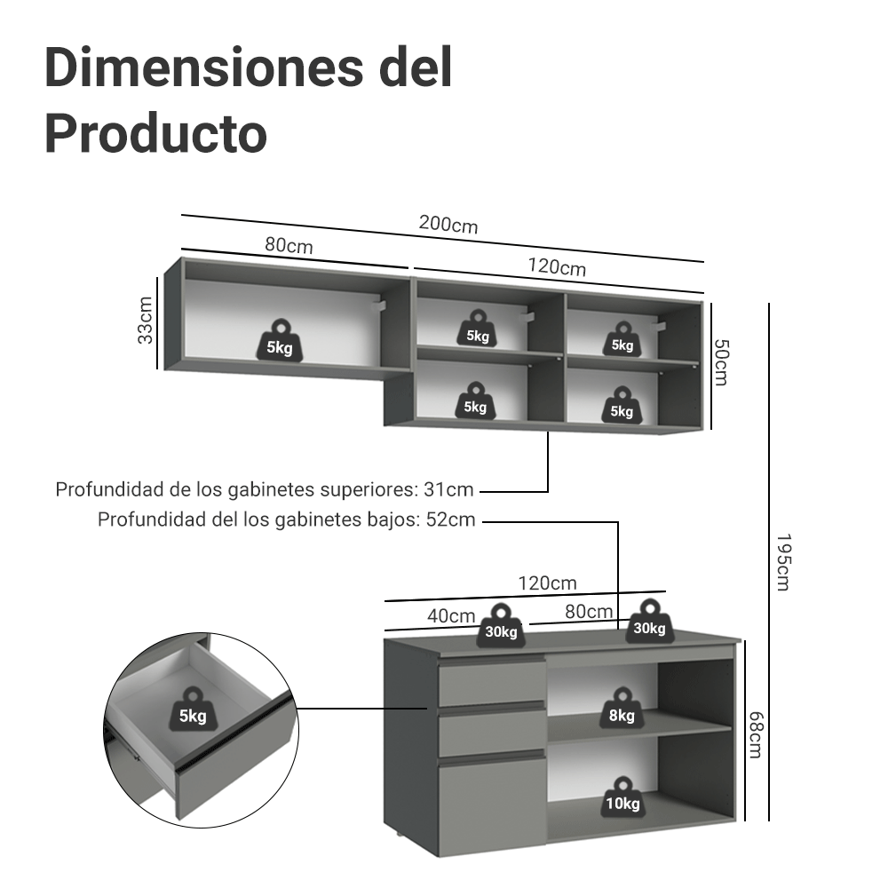 Combo completo de Cocina Flotante Nice 200 cm 5 Puertas (Con Mesada) Gris 05 Madesa