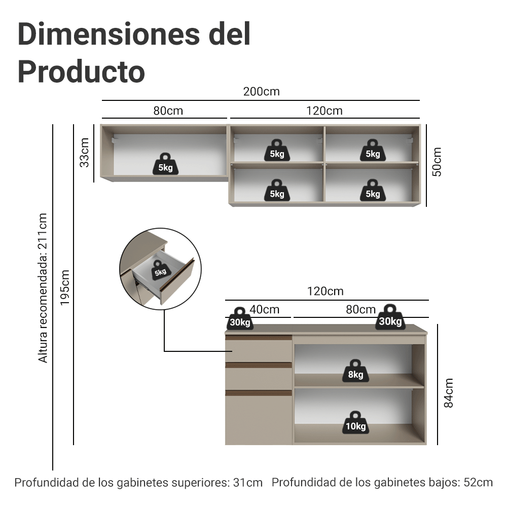 Cocina Compacta 200 cm Crema Nice Madesa