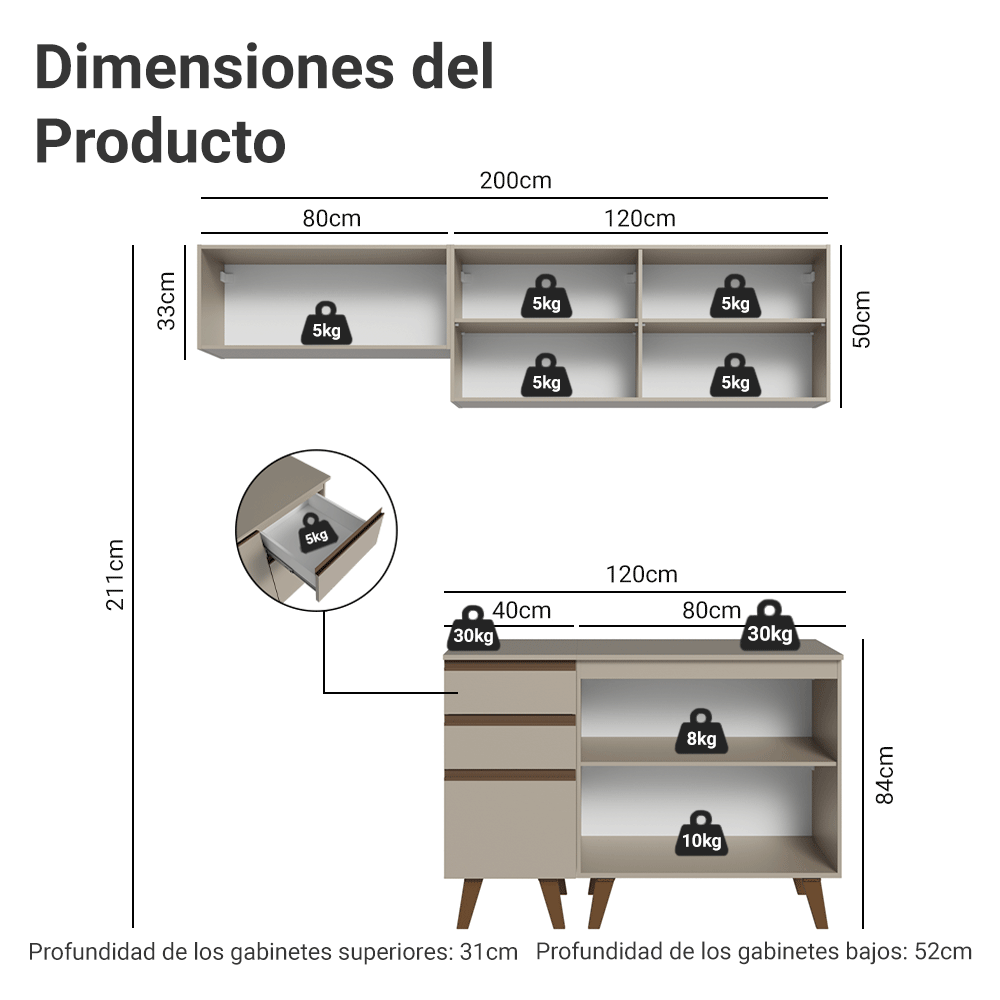 Cocina Compacta 200 cm Crema Nice Madesa