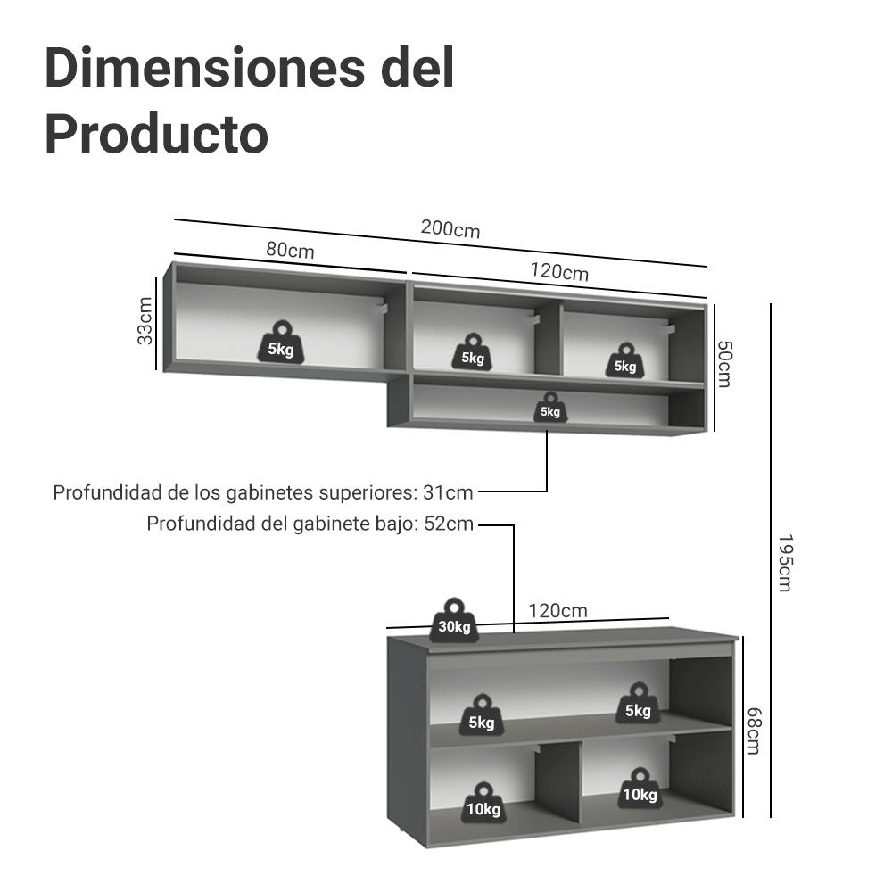 Combo completo de Cocina Flotante Nice 200 cm 5 Puertas (Con Mesada) Gris 07 Madesa
