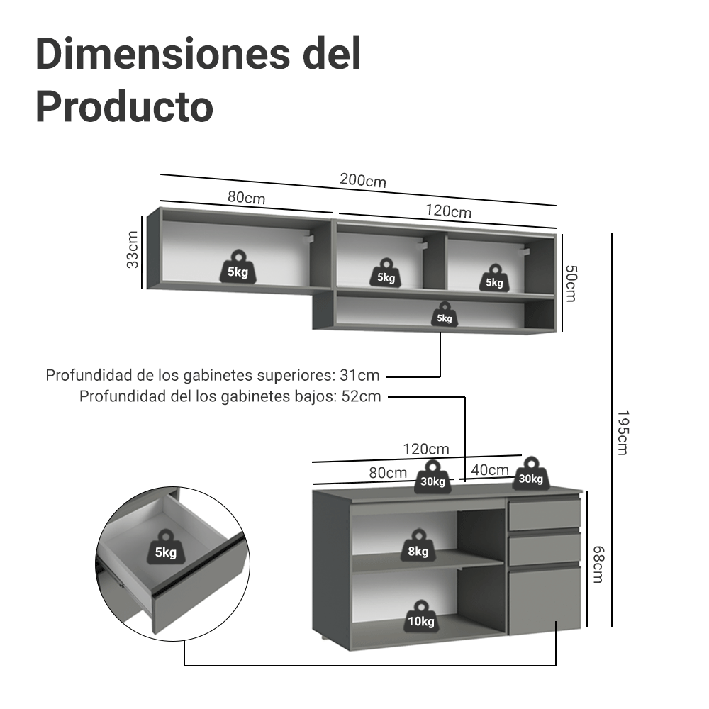 Combo de Cocina Flotante 200cm Gris Nice Madesa 12
