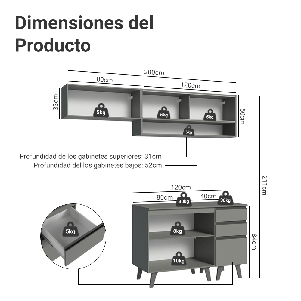 Combo de Cocina 200cm Gris Nice Madesa 13