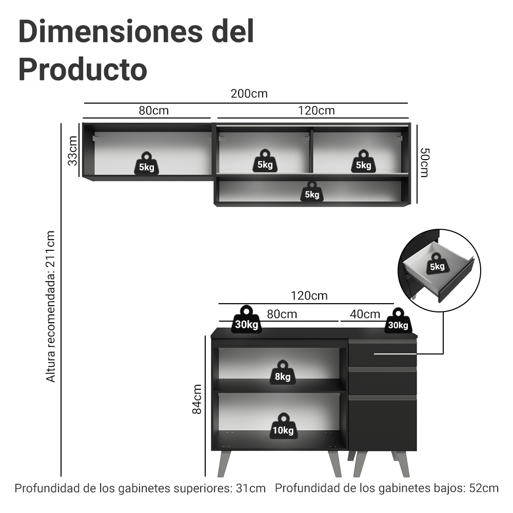 Cocina Compacta 200 cm Negro Nice Madesa 13