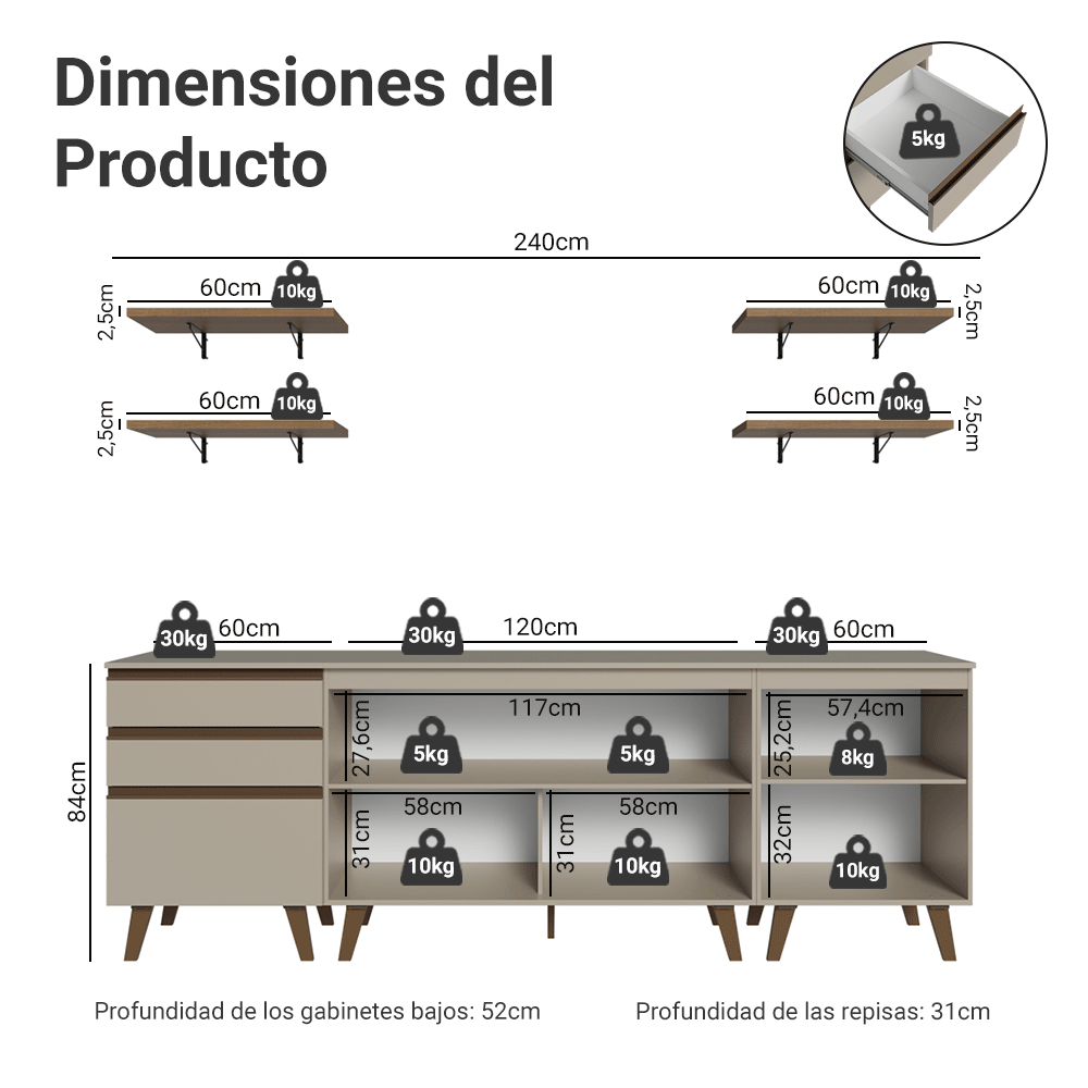 Combo completo de Cocina 240cm Crema Nice 01
