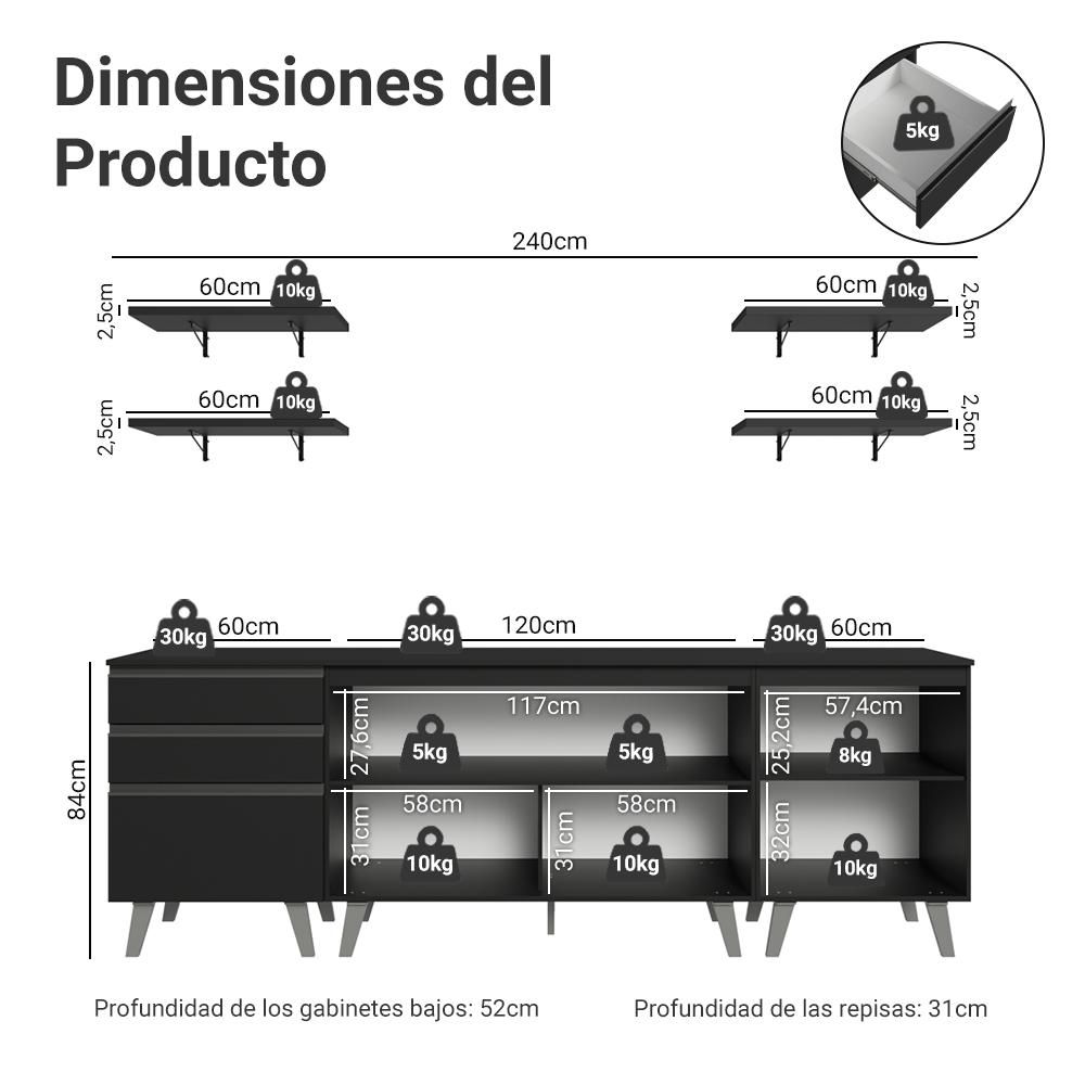 Combo Completo de Cocina 240 cm Negro Nice Madesa 01