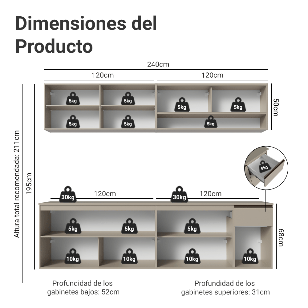 Combo de Cocina 240 cm Sin Patas Nice Crema 04