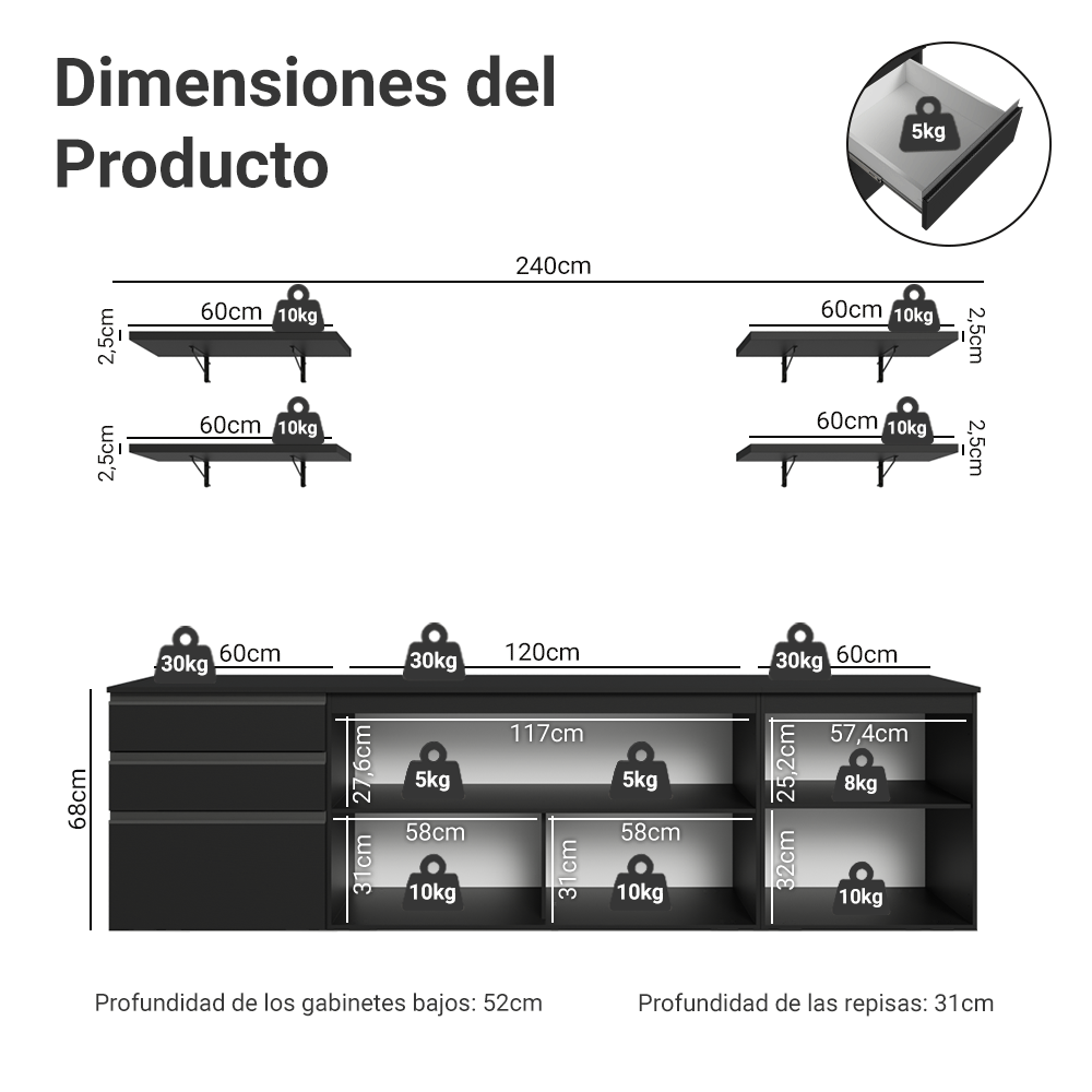 Combo Completo de Cocina 240 cm Flotante Negro Nice Madesa 10