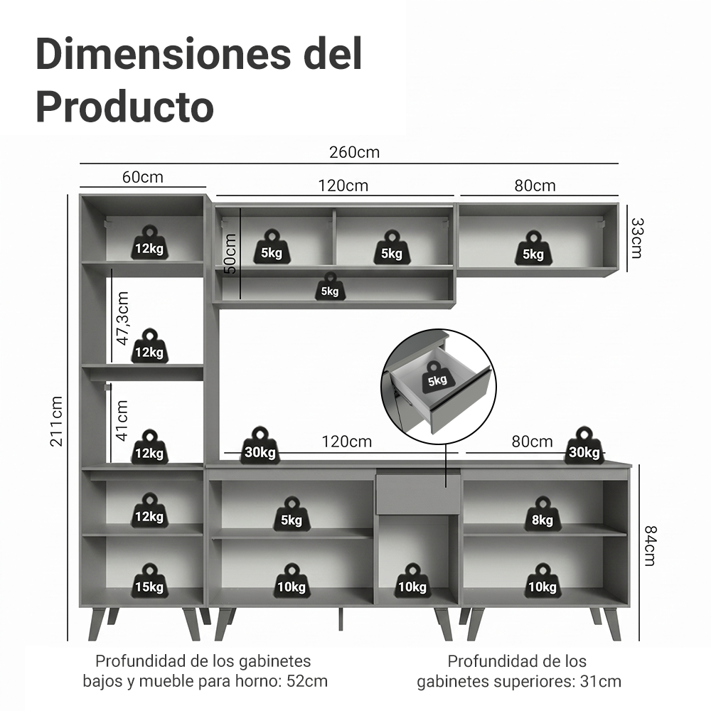 Combo Completo de Cocina 260 cm Gris Nice Madesa 01