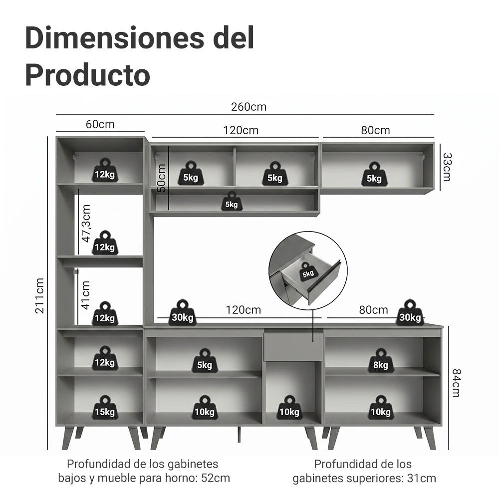 Combo Completo de Cocina 260 cm Gris Nice Madesa 02