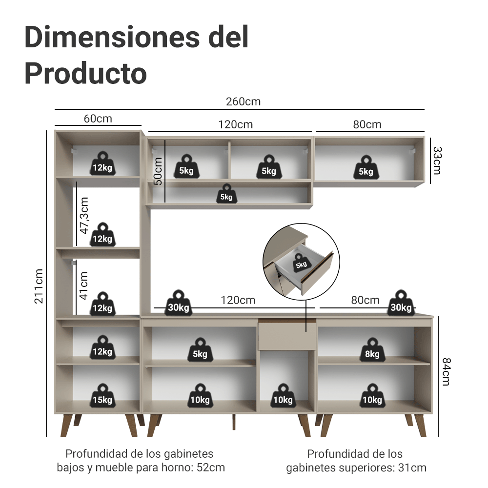 Combo de Cocina 260 cm Con Patas Nice Crema 02