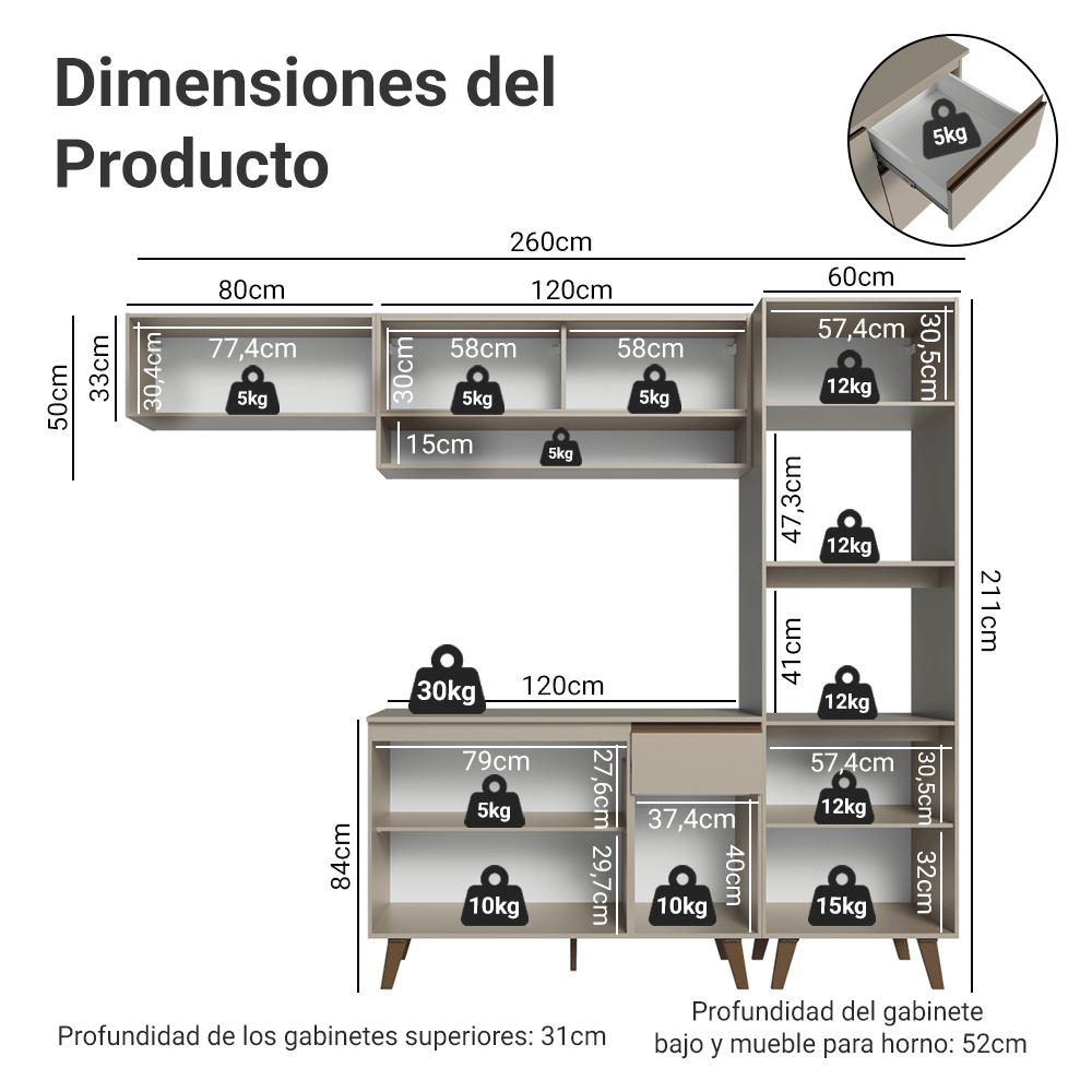Combo completo de Cocina 260 cm Crema Nice Madesa 04
