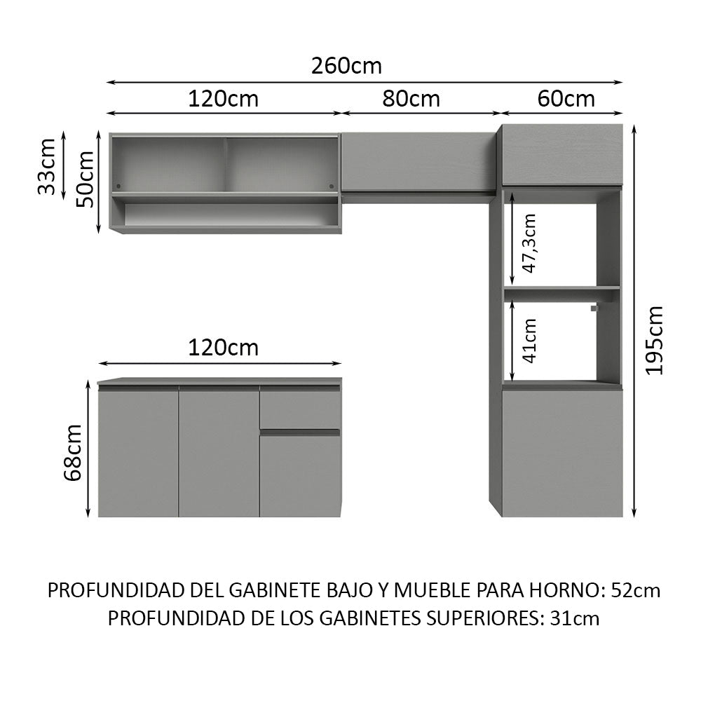 Combo Completo de Cocina 260 cm 8 Puertas 1 Cajón Flotante con Mueble para Horno y Microondas Gris Nice Madesa