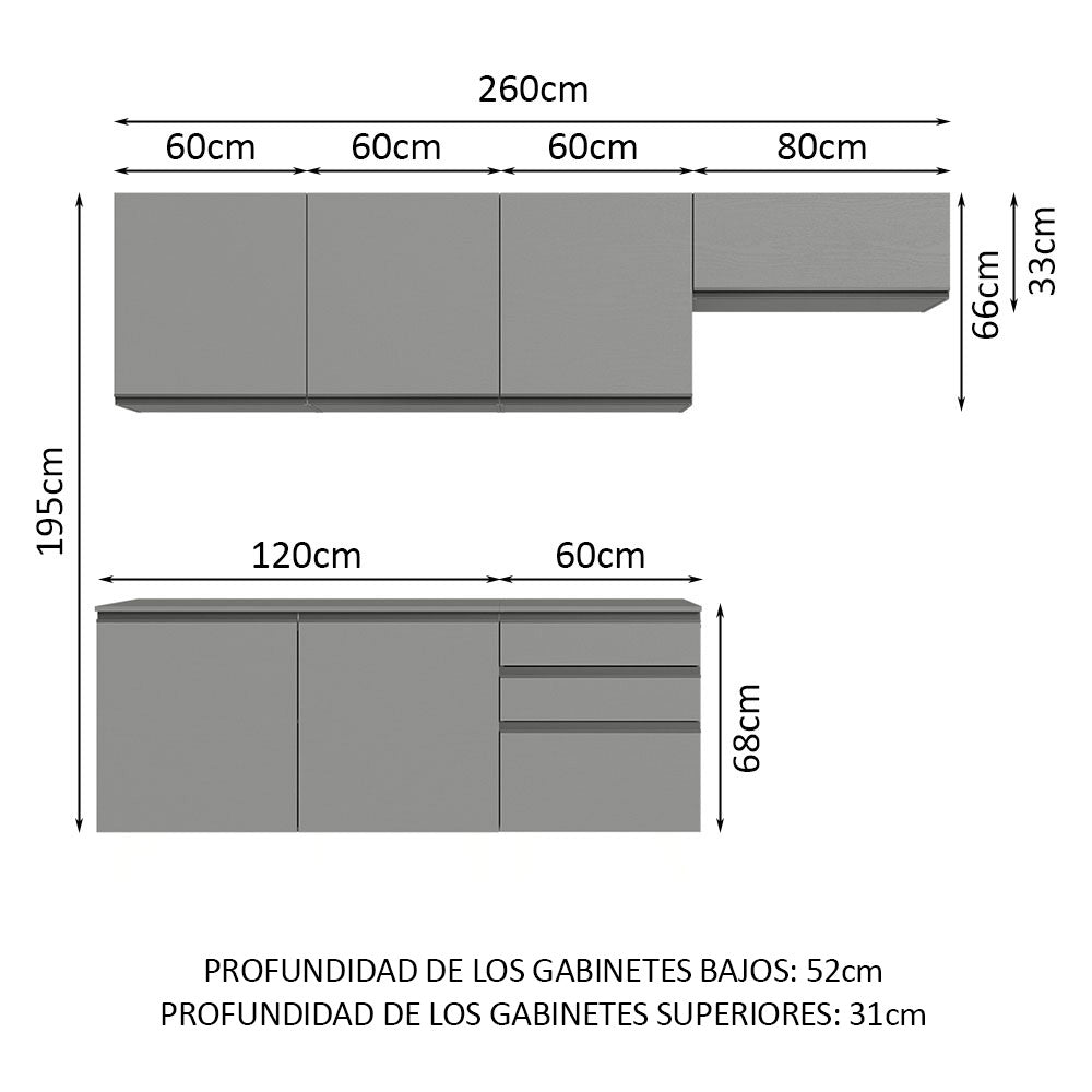 Combo de Cocina 260 cm Sin Patas Nice Gris 13