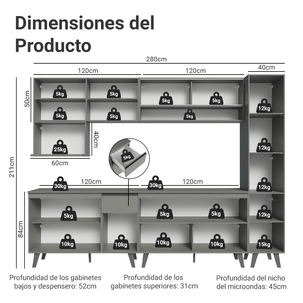 Combo completo de Cocina Nice 280 cm 11 Puertas 1 Cajón (Con Mesada) Gris Madesa