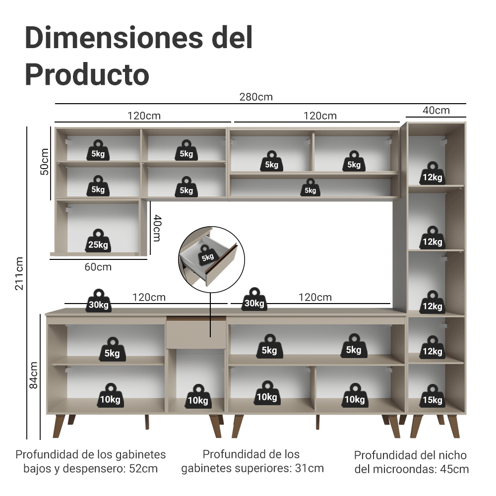 Combo completo de Cocina Nice 280 cm 11 Puertas 1 Cajón (Con Mesada) Crema 02 Madesa