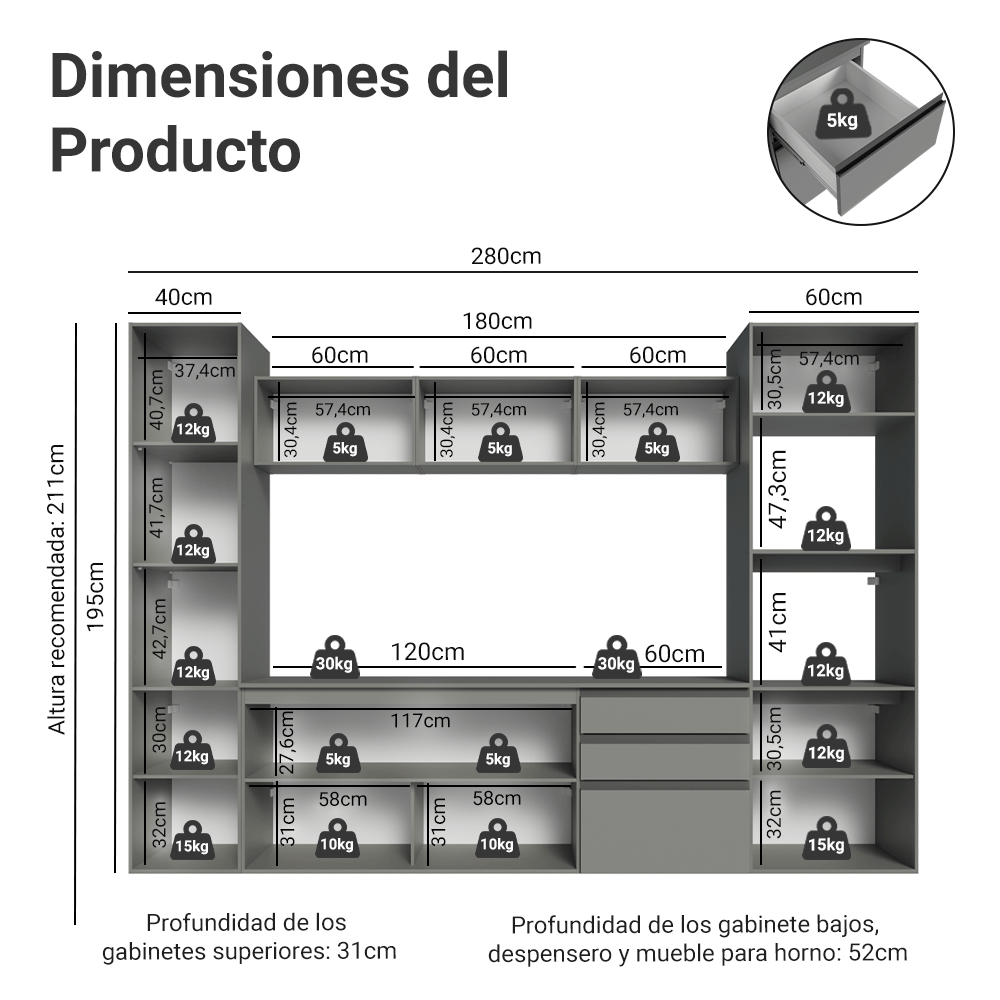 Combo completo de Cocina 280 cm, Flotante Gris Nice 06
