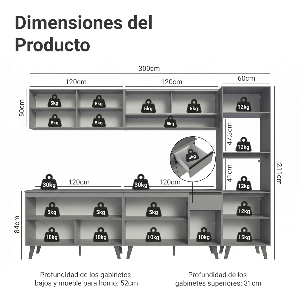 Combo Completo de Cocina 300 cm Gris Nice Madesa 01