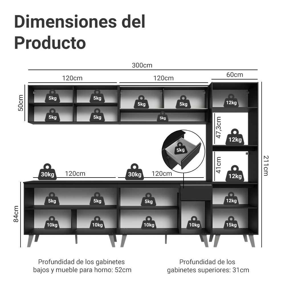 Combo Completo de Cocina 300 cm Negro Nice Madesa 01