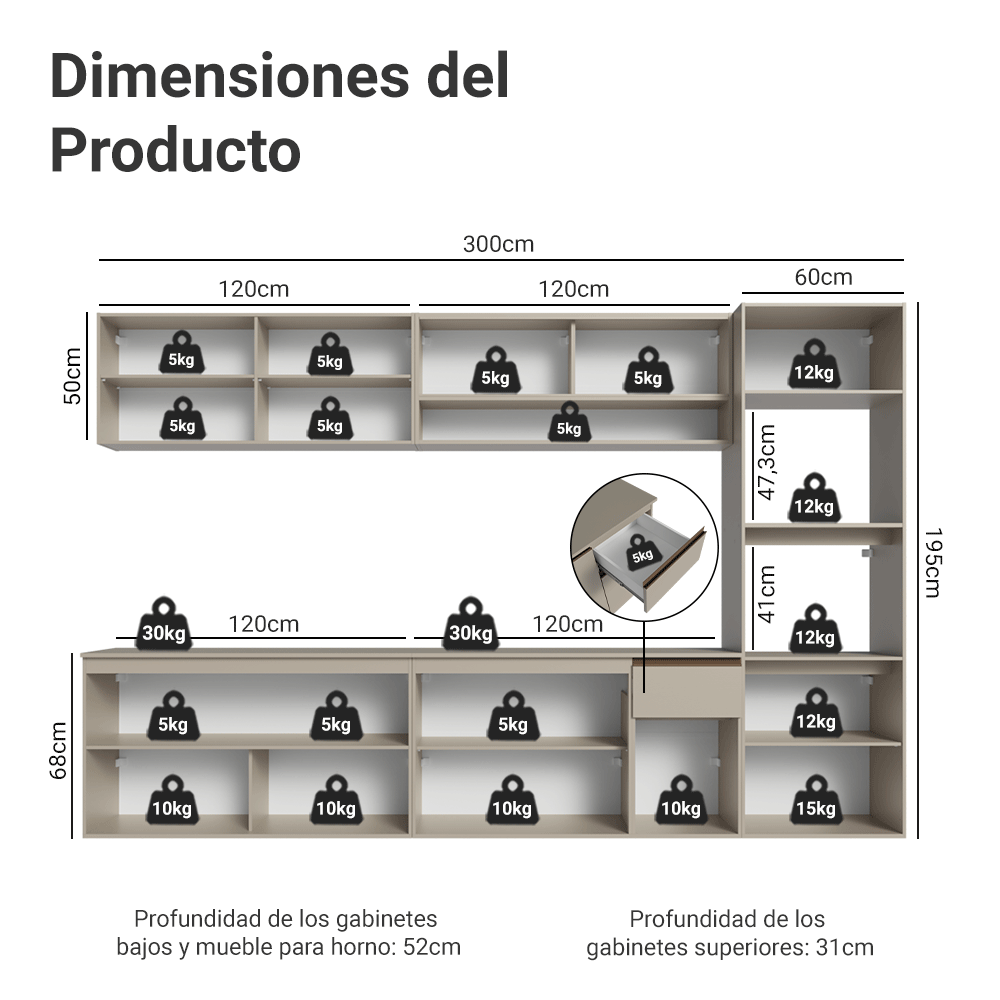 Combo de Cocina 300 cm Sin Patas Nice Crema 04