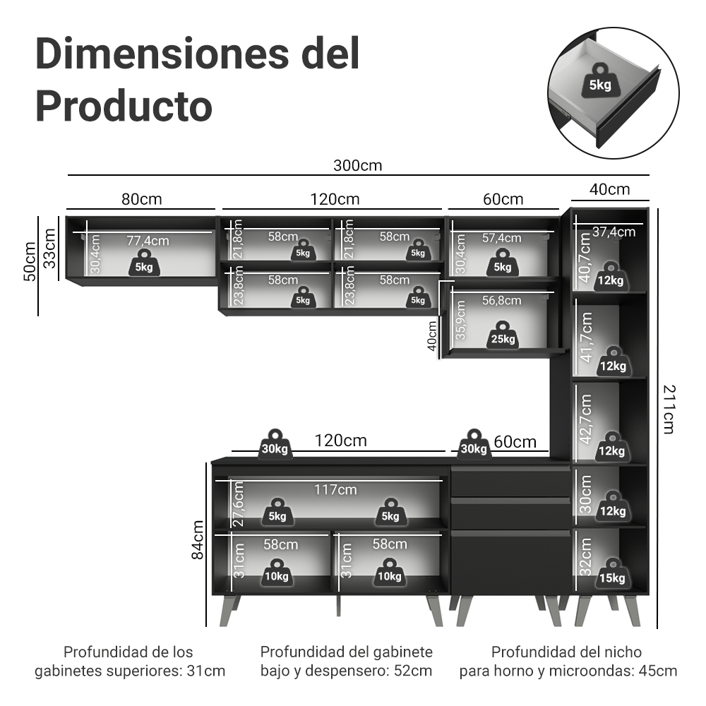 Combo Completo de Cocina 300 cm Negro Nice Madesa 05