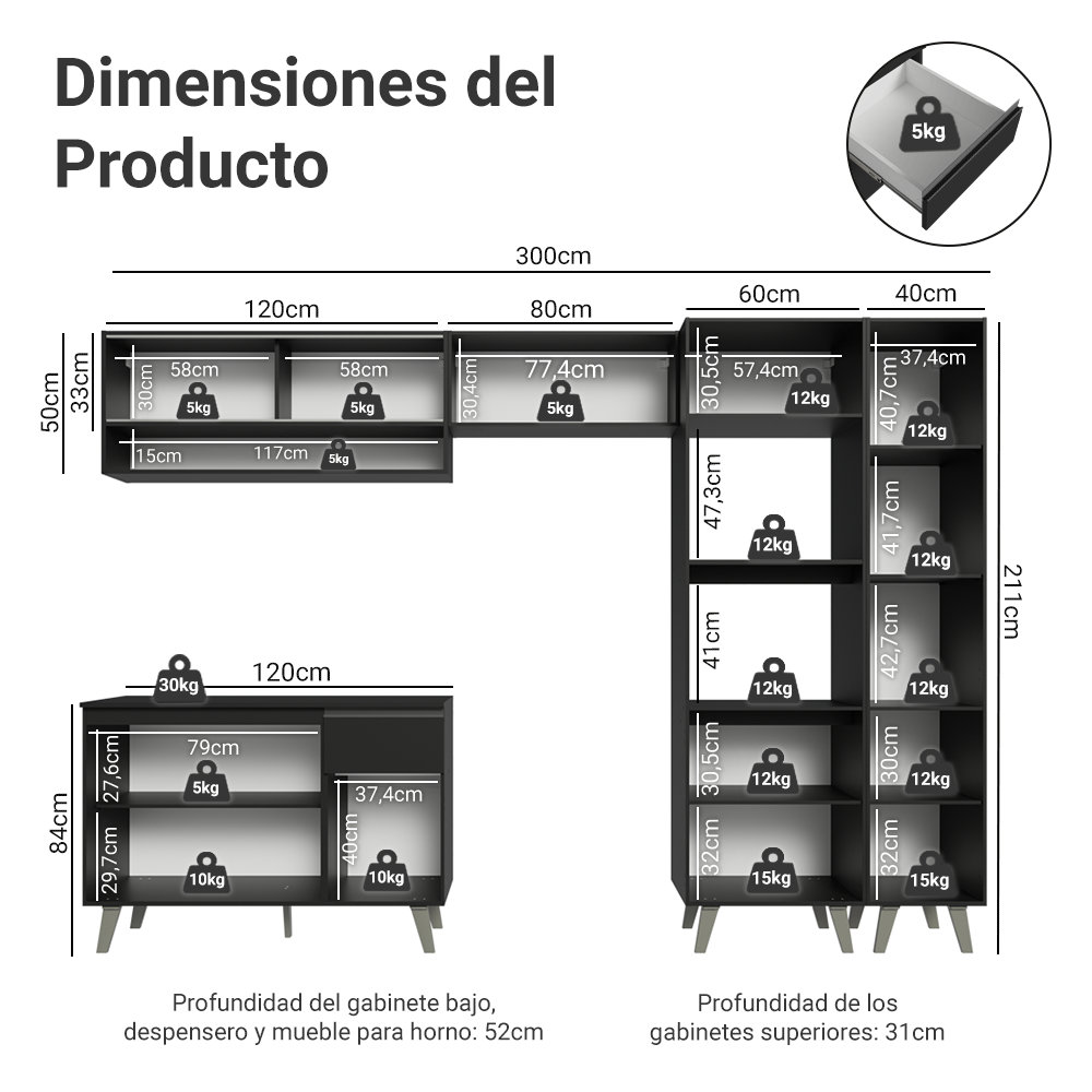 Combo Completo de Cocina 300 cm Negro Nice Madesa 09