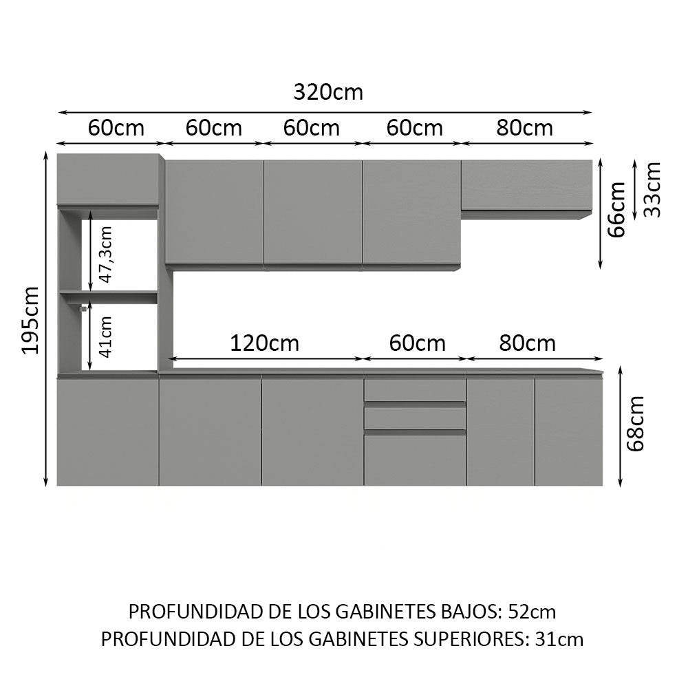 Combo de Cocina 320 cm Sin Patas Nice Gris 07