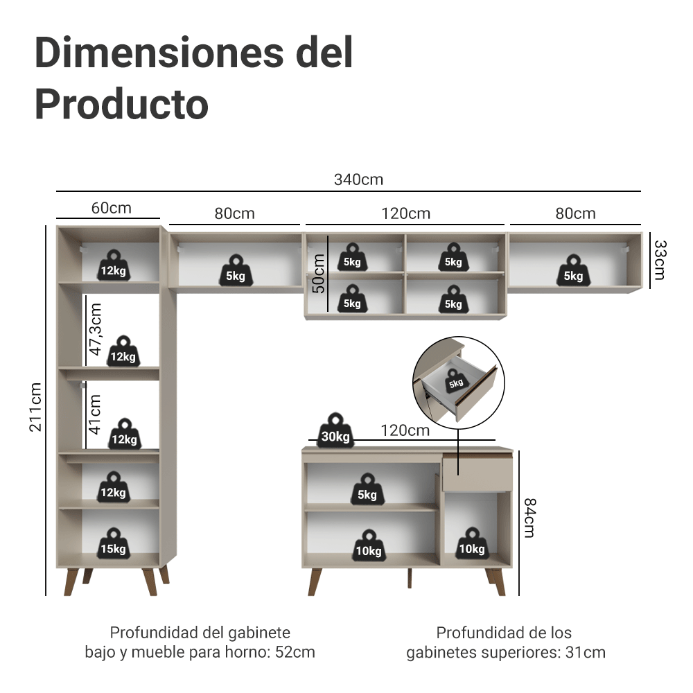 Combo de Cocina 340 cm Con Patas Nice Crema 01