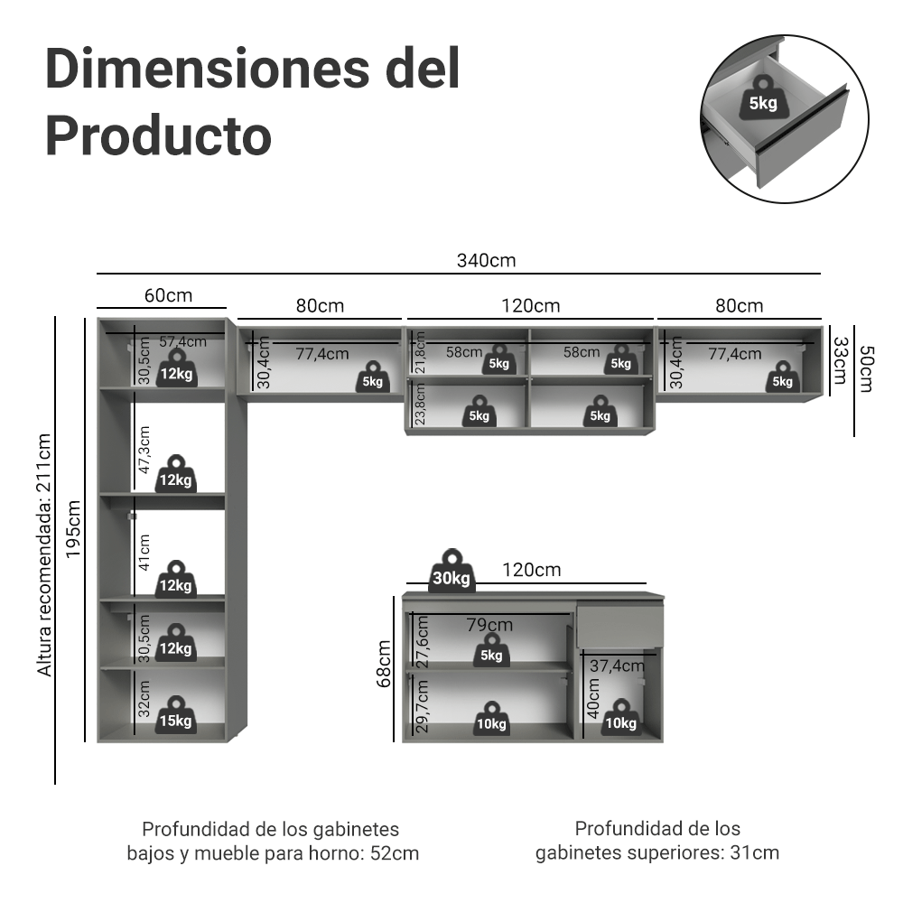 Combo completo de Cocina 340 cm, Flotante Gris Nice 02