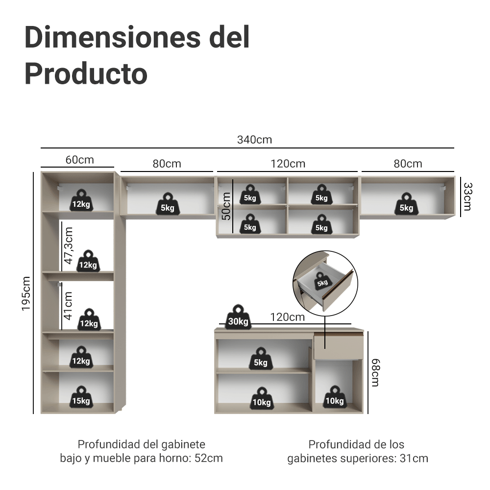 Combo Completo de Cocina 340 cm 9 Puertas 1 Cajón Flotante con Mueble para Horno y Microondas Crema Nice Madesa