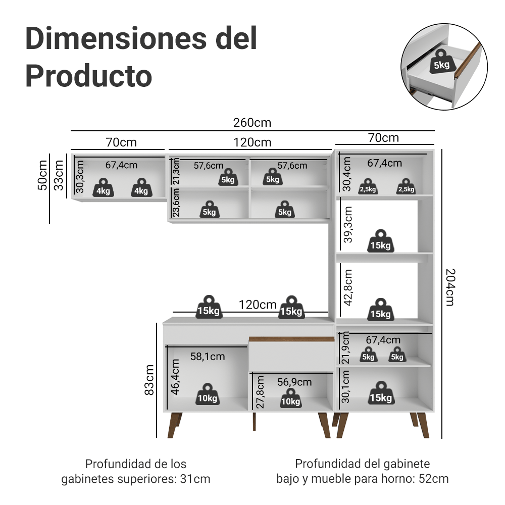 Mueble de Cocina Completa Pieta 260 cm 8 Puertas 1 Cajón (Con Mesada) Blanco Madesa